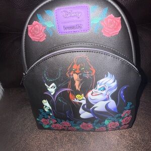 Loungefly Black Disney Villains Mini Backpack with Pink Roses and Purple Patch
